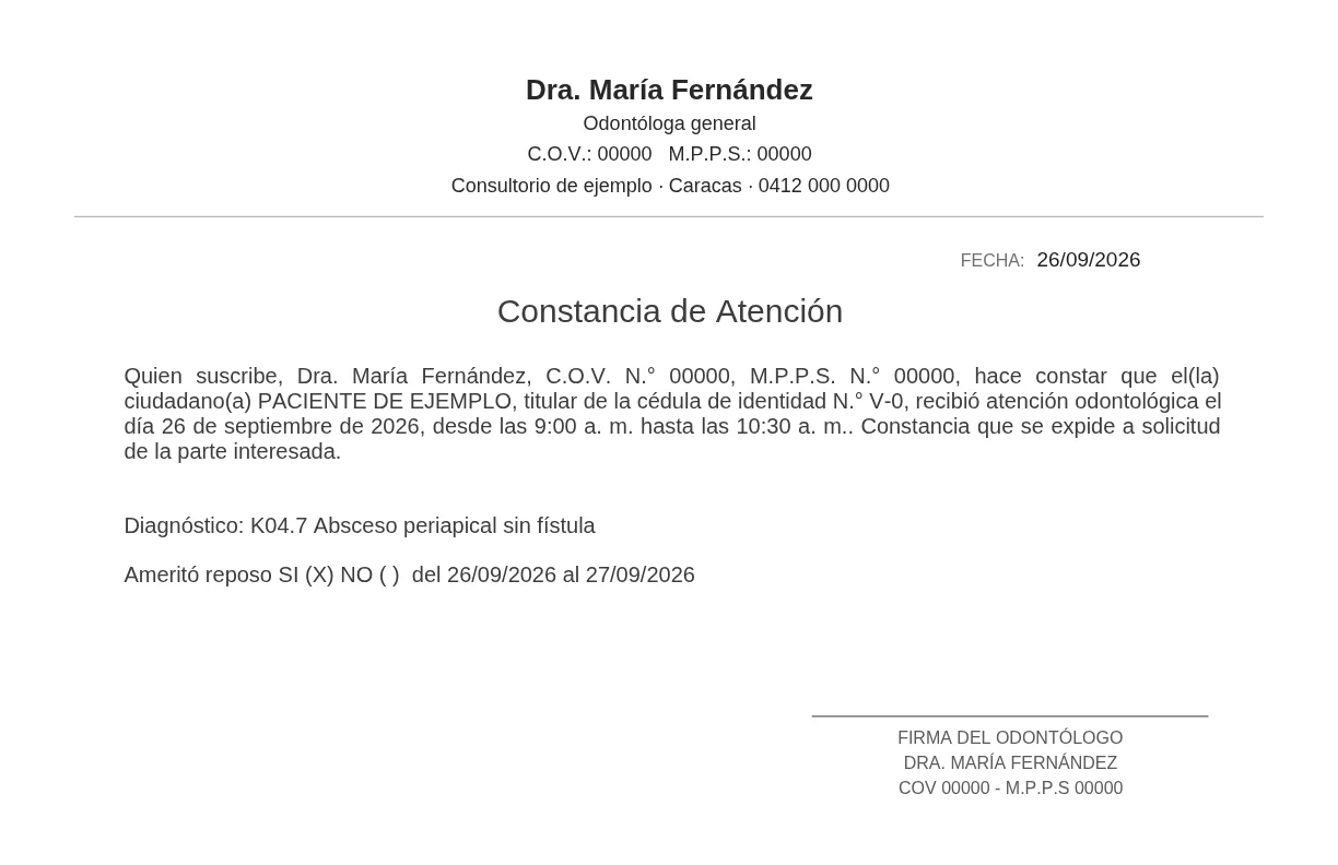 Constancia de atención de ejemplo