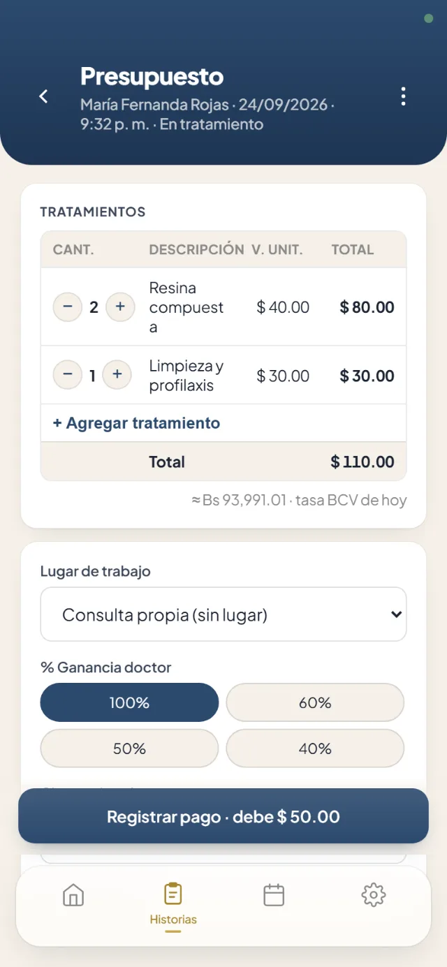 Presupuesto de ejemplo con tratamientos y total